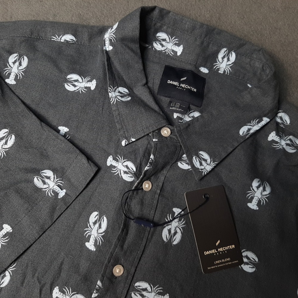 NEW Daniel Hechter Shirt Mens 2XL XXL Gray Blue LINEN BLEND Lobster Print Paris